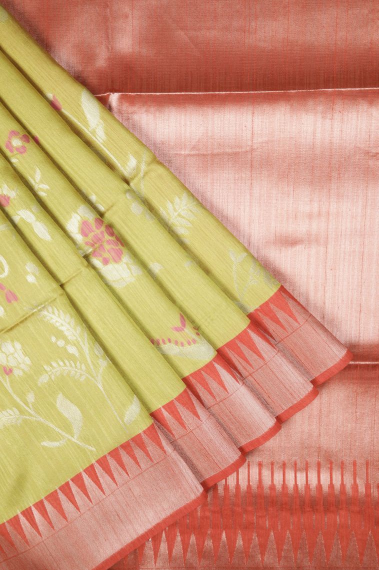 Lime Green Tussar Saree with Silver Zari Buttis (small Dots Or Motifs) view 1