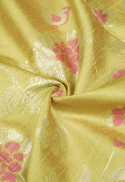 Lime Green Tussar Saree with Silver Zari Buttis (small Dots Or Motifs)