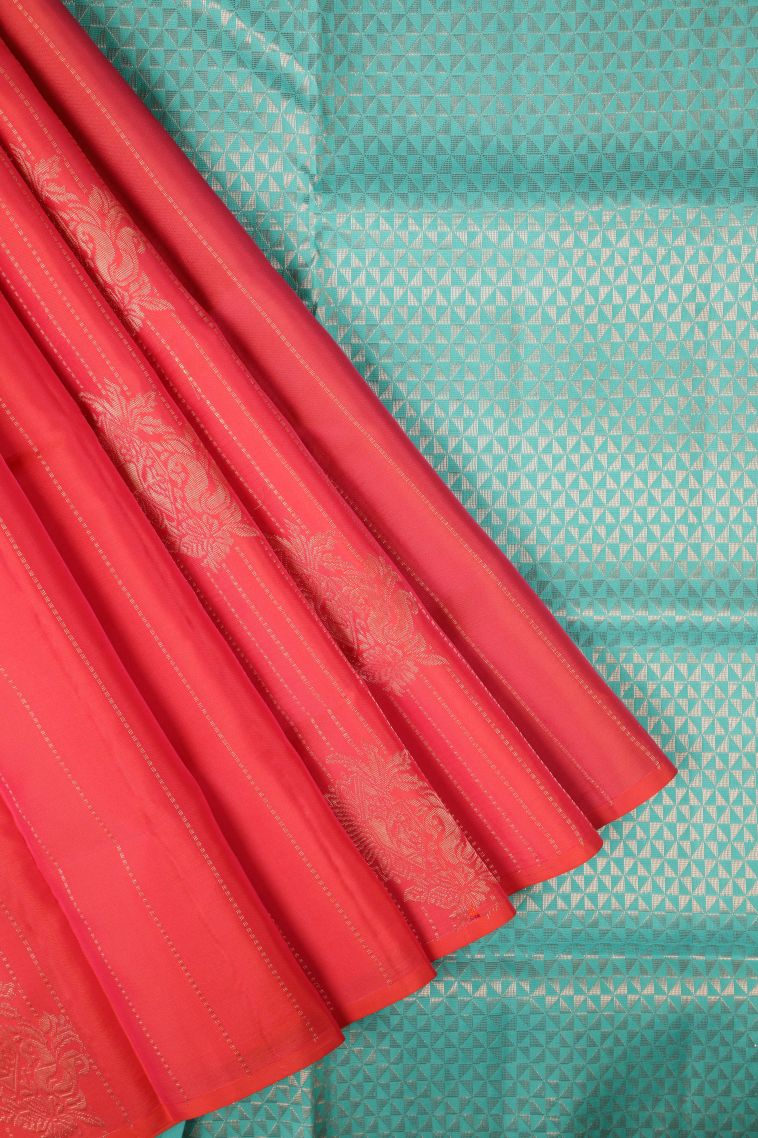 Strawberry Pink Soft Silk Saree with Copper Zari Stripes view 1