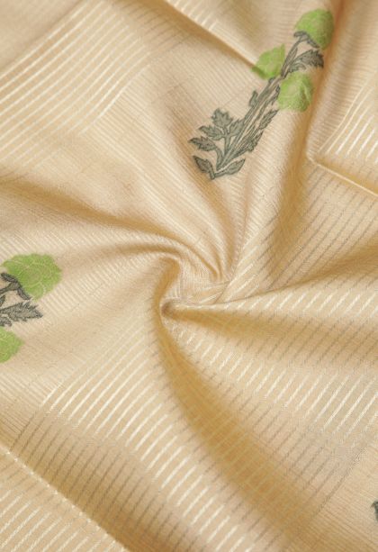 Cream White Tussar Saree with Silver Zari Buttis (small Dots Or Motifs)
