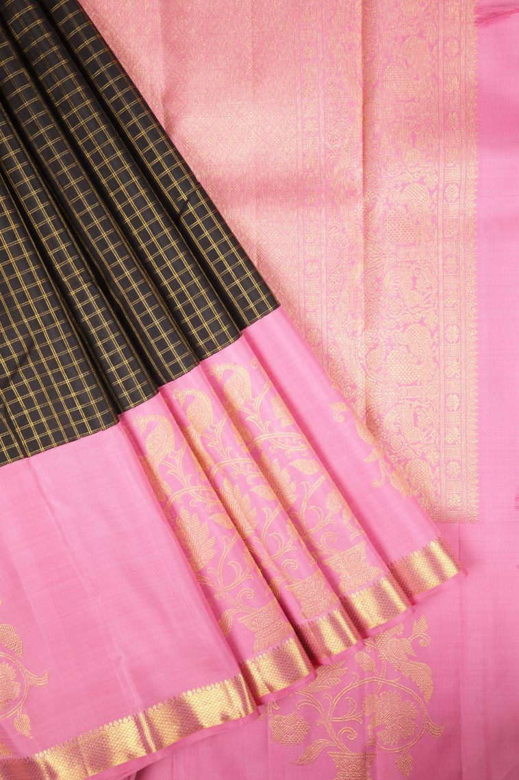 Asphalt Black Kanchipuram Silk Sarees with Gold Zari Checks view 1