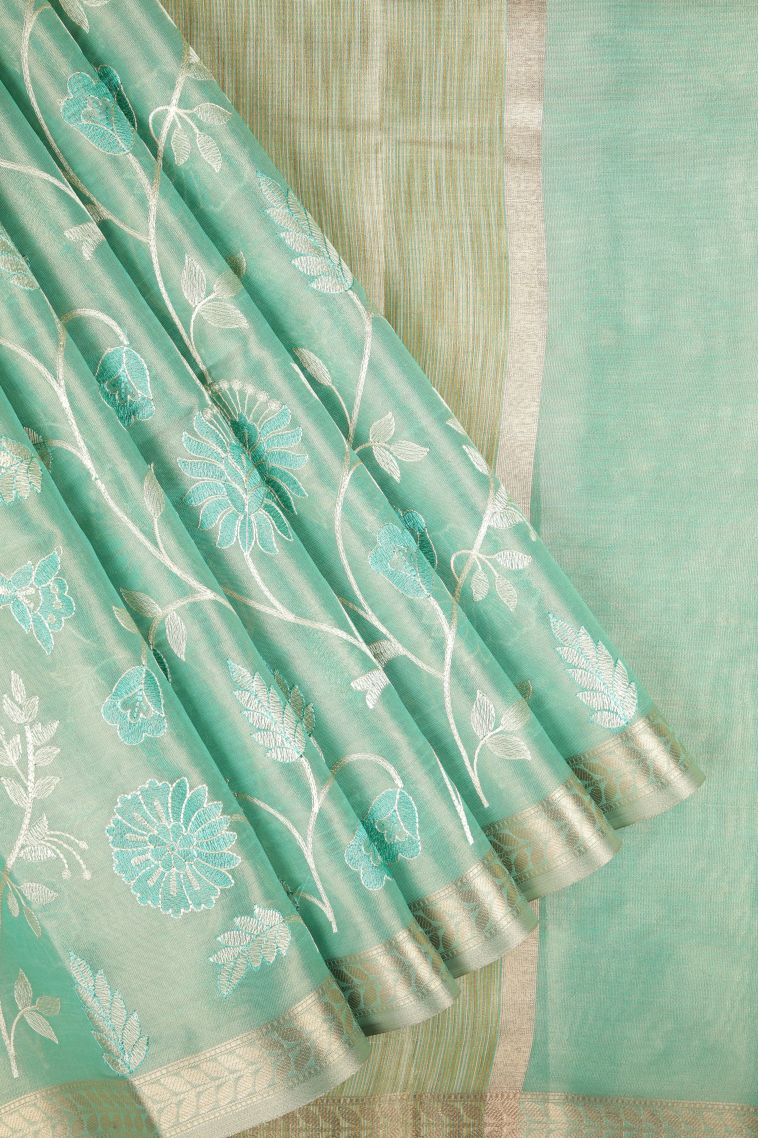 Mint Green Tussar Saree with Without Zari Zari Floral Patterns view 1