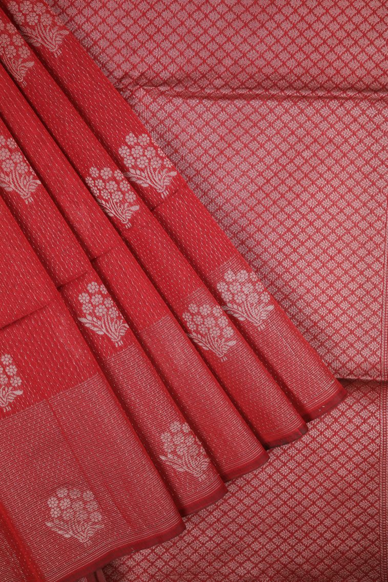 Apple Red Silk Cotton Sarees with Copper Zari Stripes view 1