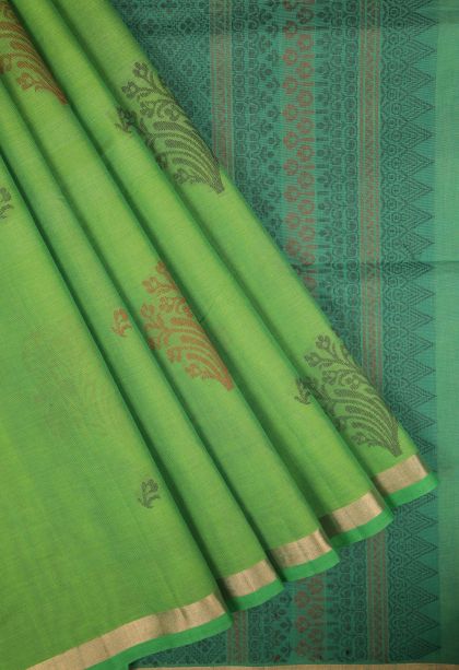 Juniper Green Pure Handloom Kovai Cotton with Without Zari Zari Buttis (small Dots Or Motifs)