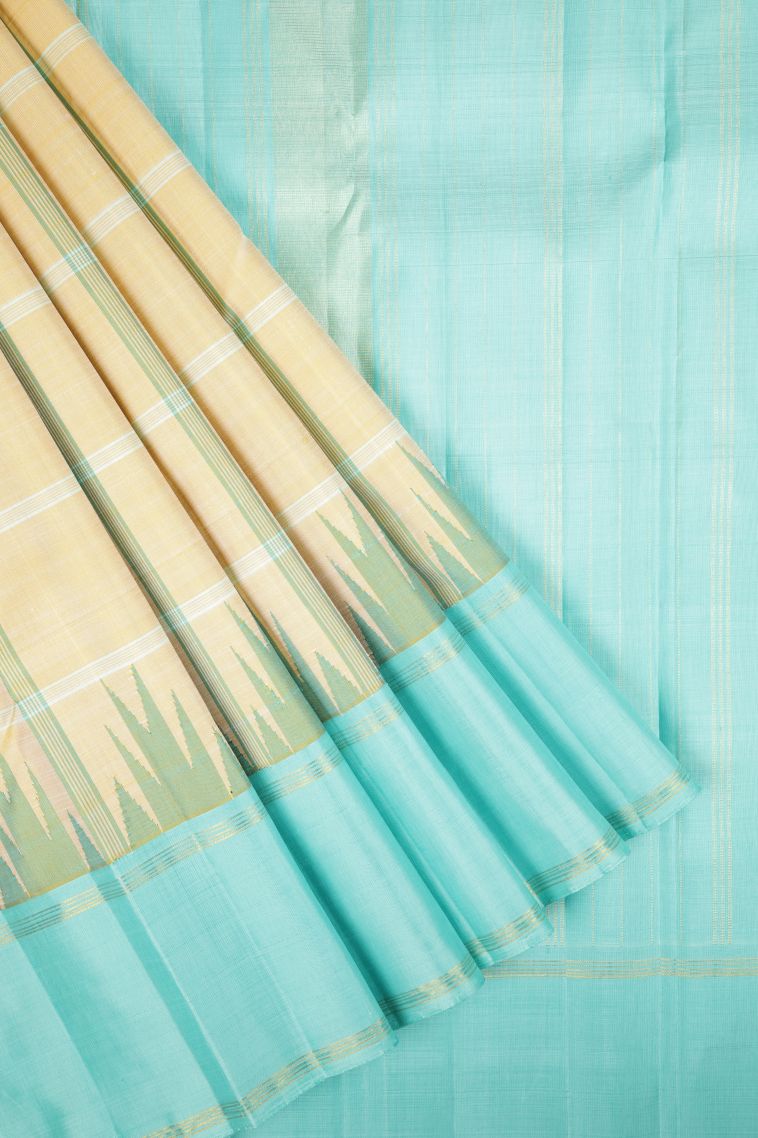 Cream White Kanchipuram Silk Sarees with Without Zari Zari Checks view 1