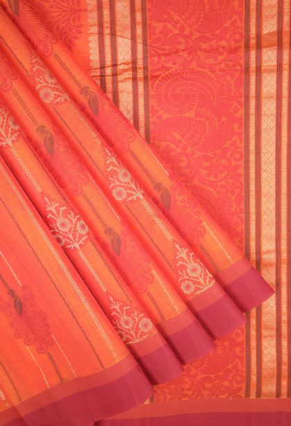 Coral Pink Kovai Cotton Sarees with Without Zari Zari Stripes