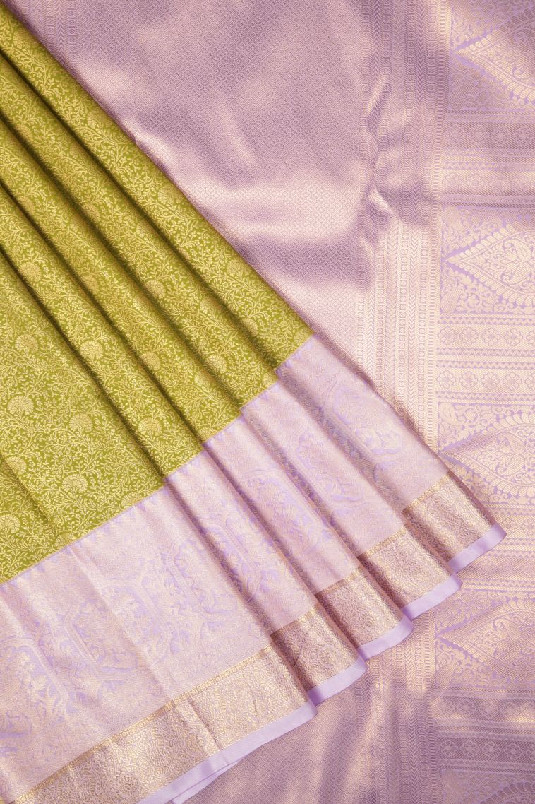 Pear Green Samudrika Pattu with Copper Zari Floral Patterns view 1