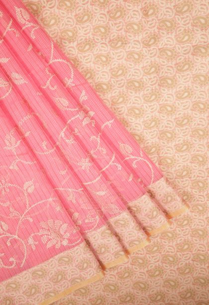 Punch Pink Tussar Saree with Without Zari Zari Floral Patterns