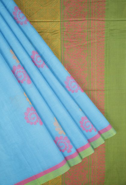 Arctic Blue Pure Handloom Kovai Cotton with Without Zari Zari Buttis (small Dots Or Motifs)