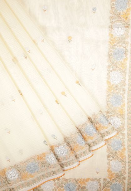 Cream White Tussar Saree with Without Zari Zari Buttis (small Dots Or Motifs)