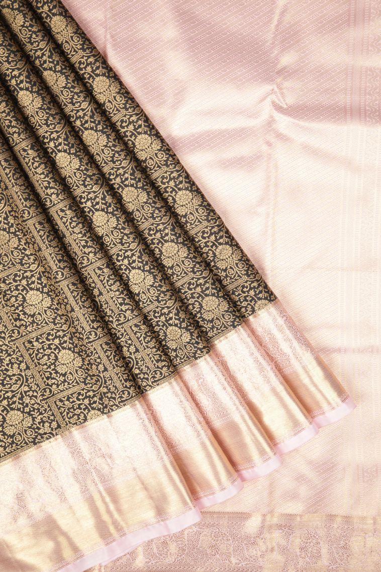 Asphalt Black Samudrika Pattu with Copper Zari Floral Patterns view 1