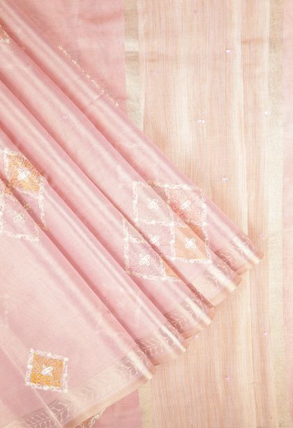 Crepe Pink Tussar Saree with Without Zari Zari Buttis (small Dots Or Motifs)