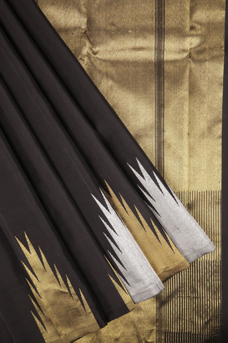 Asphalt Black Kanchipuram Silk Sarees with Gold And Silver Zari Plain view 1