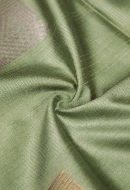 Olive Green Tussar Saree with Bronze Zari Buttis (small Dots Or Motifs)