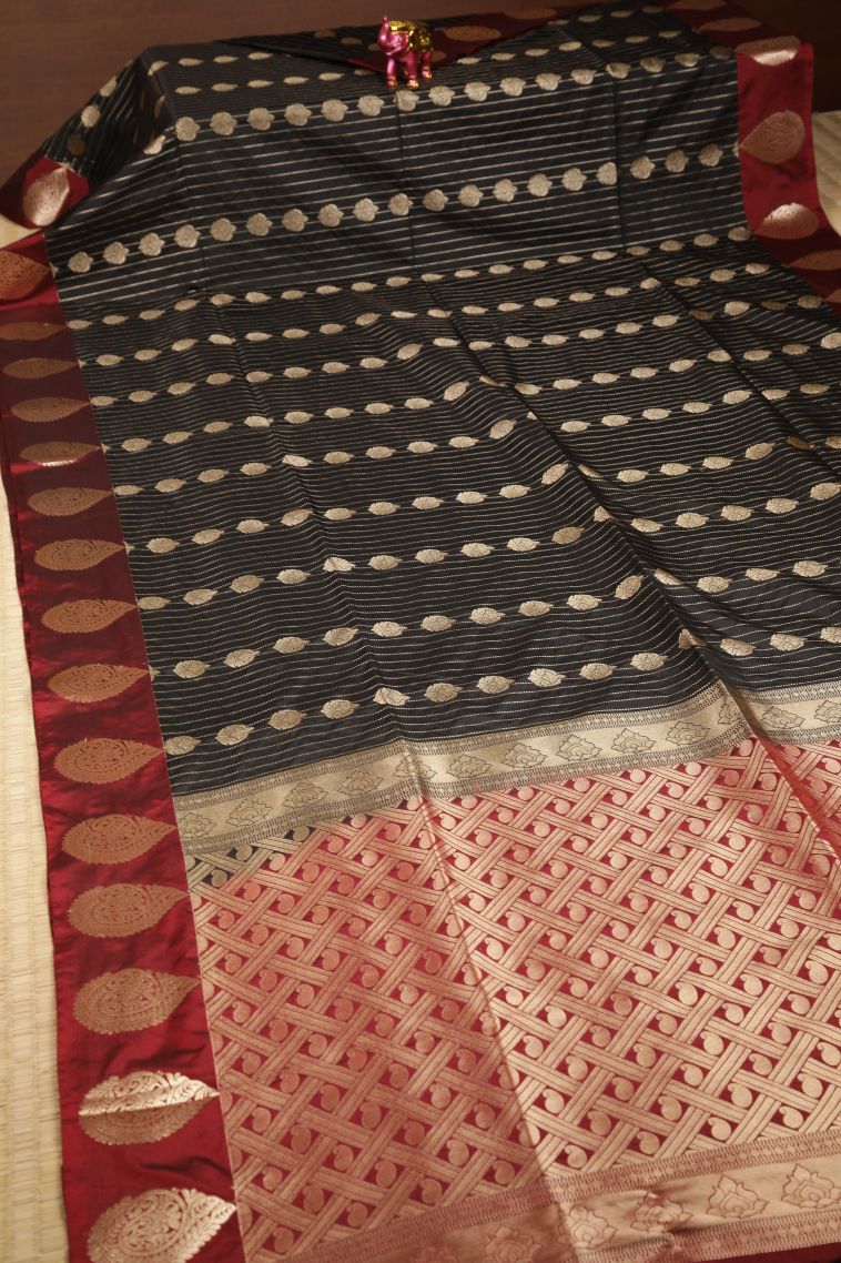 Asphalt Black Soft Silk Saree with Copper Zari Stripes view 2