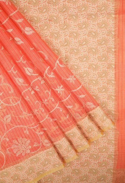 Coral Pink Tussar Saree with Without Zari Zari Floral Patterns