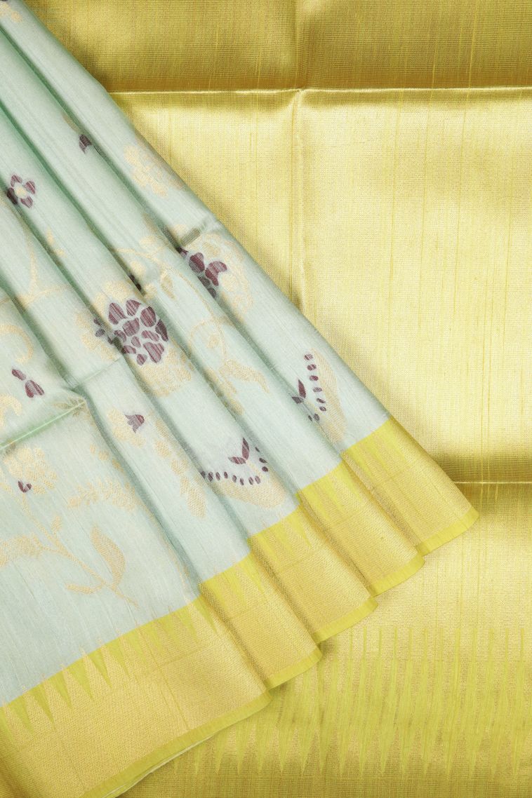Mint Green Tussar Saree with Silver Zari Floral Patterns view 1