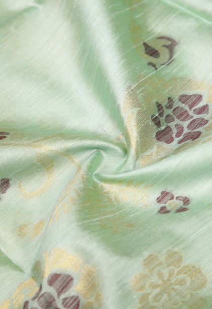 Mint Green Tussar Saree with Silver Zari Floral Patterns