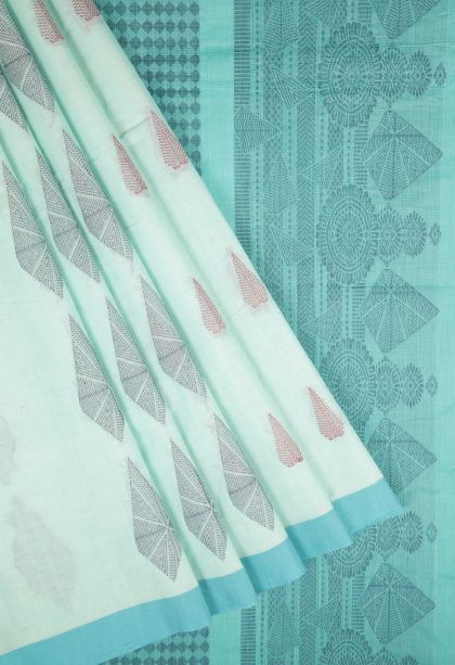 Arctic Blue Pure Handloom Kovai Cotton with Without Zari Zari Buttis (small Dots Or Motifs)