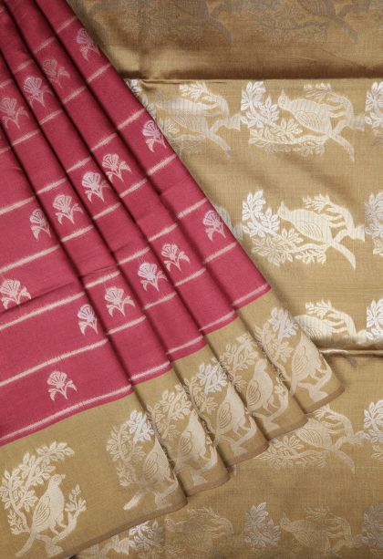 Rosewood Pink Tussar Saree with Silver Zari Stripes