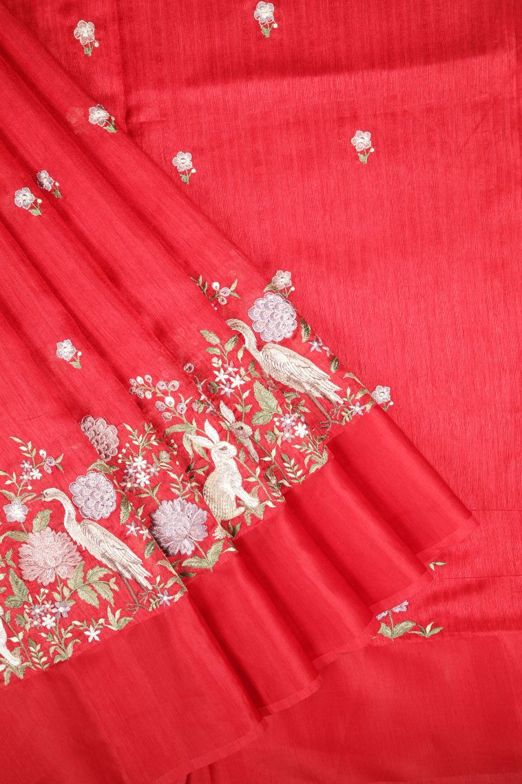 Rose  Red Tussar Saree with Without Zari Zari Buttis (small Dots Or Motifs) view 1