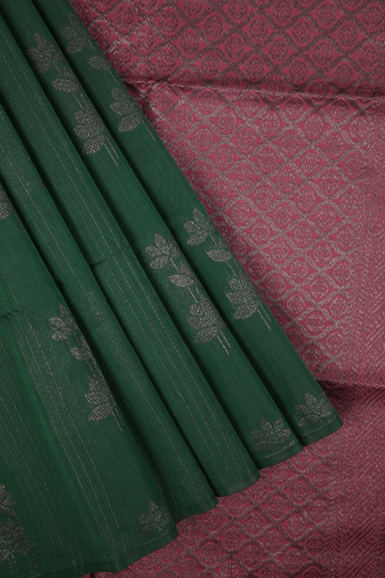 Bottle Green Silk Cotton Sarees with Bronze Zari Stripes view 1