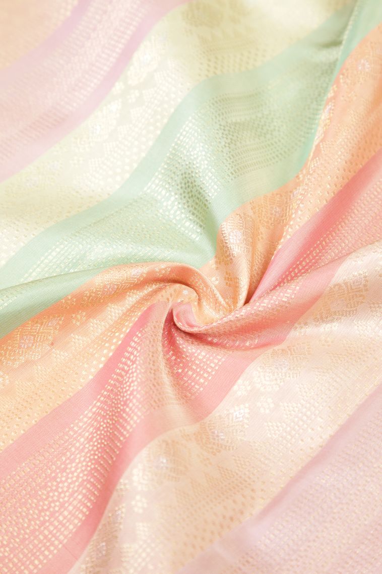 Ballet Pink Kanchipuram Silk Sarees with Gold And Silver Zari Stripes view 4