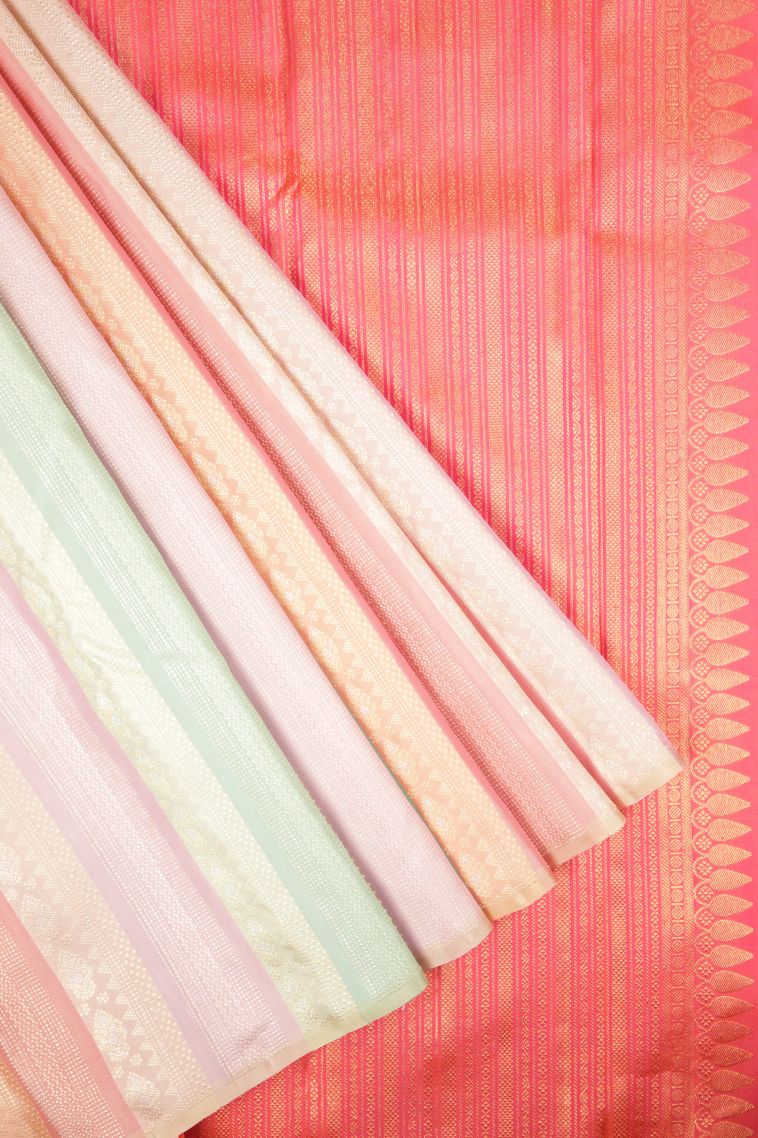 Ballet Pink Kanchipuram Silk Sarees with Gold And Silver Zari Stripes view 1