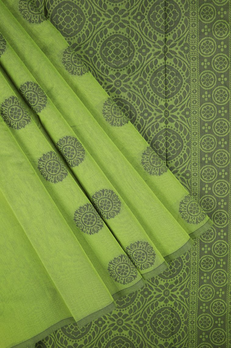 Pear Green Silk Cotton with Without Zari Zari Buttis (small Dots Or Motifs) view 1