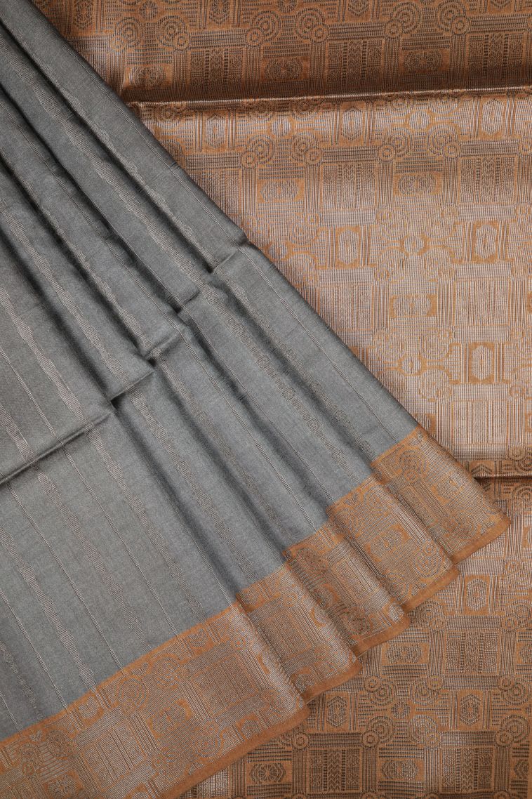 Gray Black Tussar Saree with Bronze Zari Stripes view 1