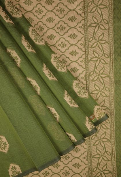 Basil Green Silk Cotton with Without Zari Zari Buttis (small Dots Or Motifs)
