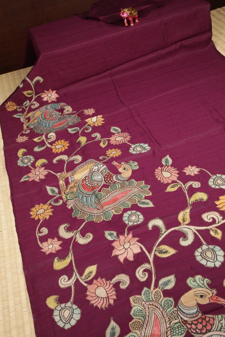 Magenta Purple Tussar Saree with Without Zari Zari Floral Patterns view 2