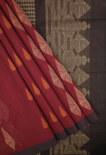 Berry Red Pure Handloom Kovai Cotton with Without Zari Zari Buttis (small Dots Or Motifs)