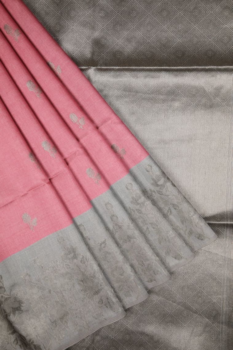 Lemonade Pink Tussar Saree with Bronze Zari Buttis (small Dots Or Motifs) view 1