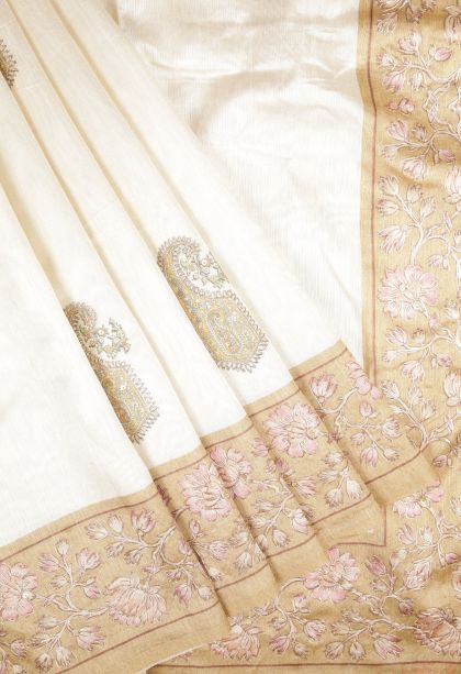 Frost White Tussar Saree with Without Zari Zari Buttis (small Dots Or Motifs)
