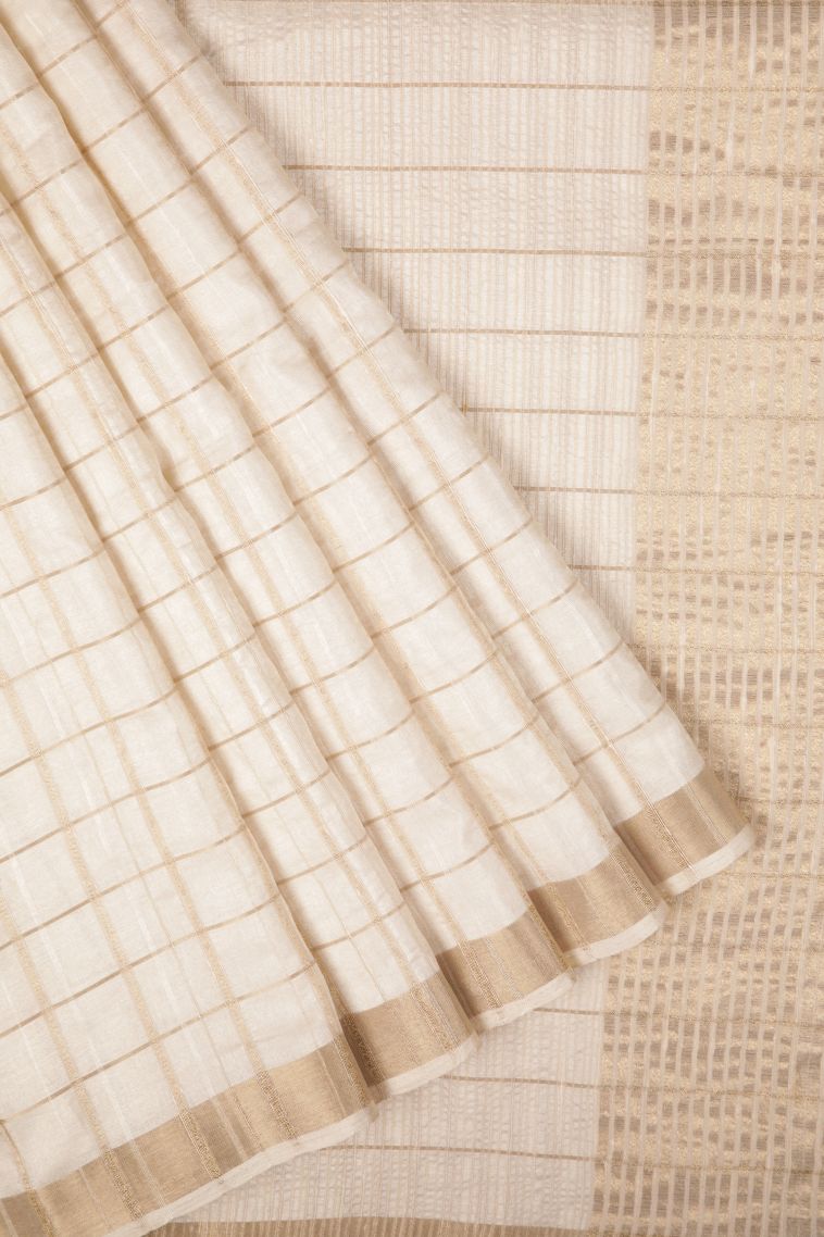 Pearl White Tussar Saree with Copper Zari Checks view 1