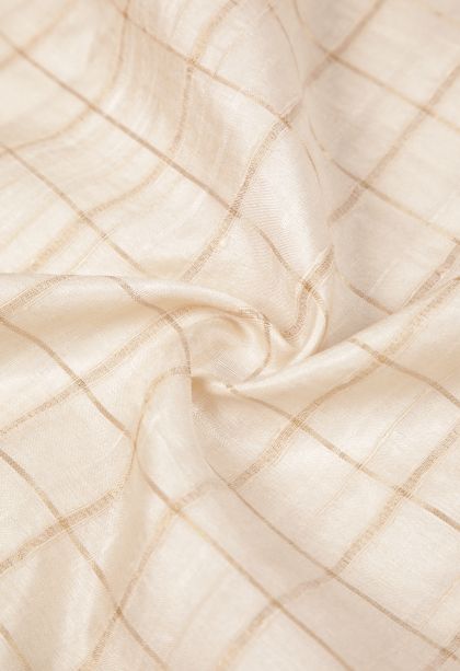 Pearl White Tussar Saree with Copper Zari Checks