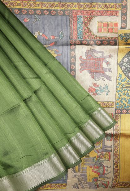 Basil Green Tussar Saree with Without Zari Zari Plain