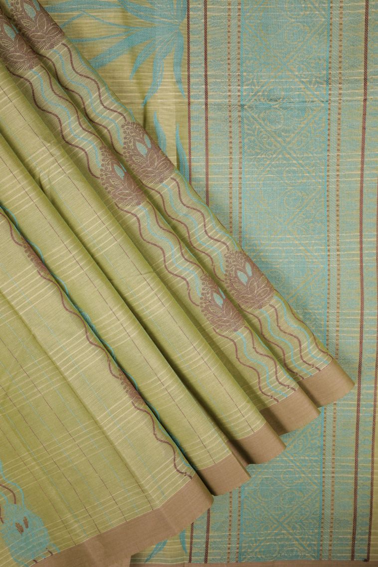 Olive Green Kovai Cotton Sarees with Without Zari Zari Stripes view 1