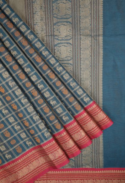 Aegean Blue Pure Handloom Kovai Cotton with Without Zari Zari Peacock Motifs