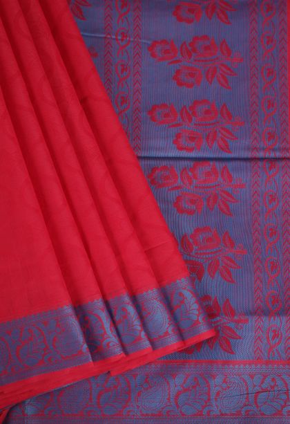Rose  Red Kovai Cotton Sarees with Without Zari Zari Floral Patterns