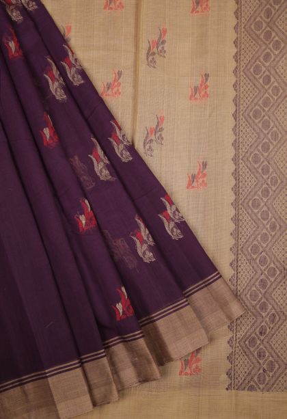 Bosenberry Purple Kanchi Cotton Sarees with Without Zari Zari Floral Patterns