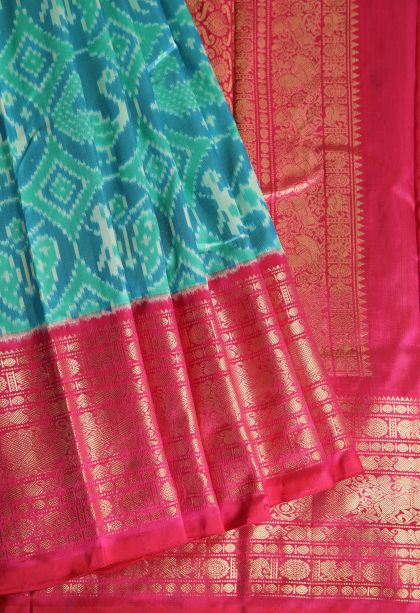 Arctic Blue Kanchipuram Silk Sarees with Gold Zari Animal And Bird Motifs