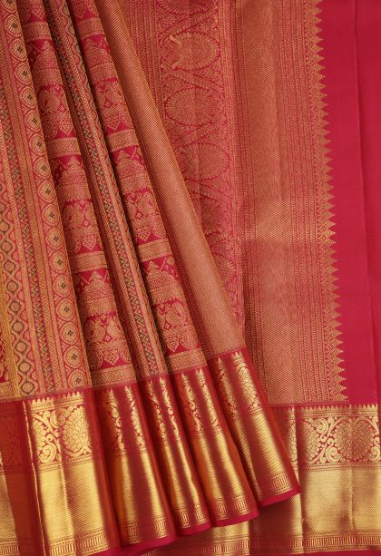 Rose  Red Kanchipuram Silk Sarees with Gold Zari Peacock Motifs