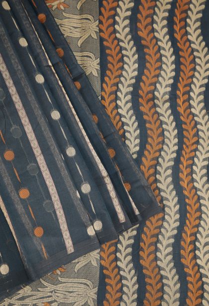 Denim Blue Cotton Sarees with Without Zari Zari Buttis (small Dots Or Motifs)