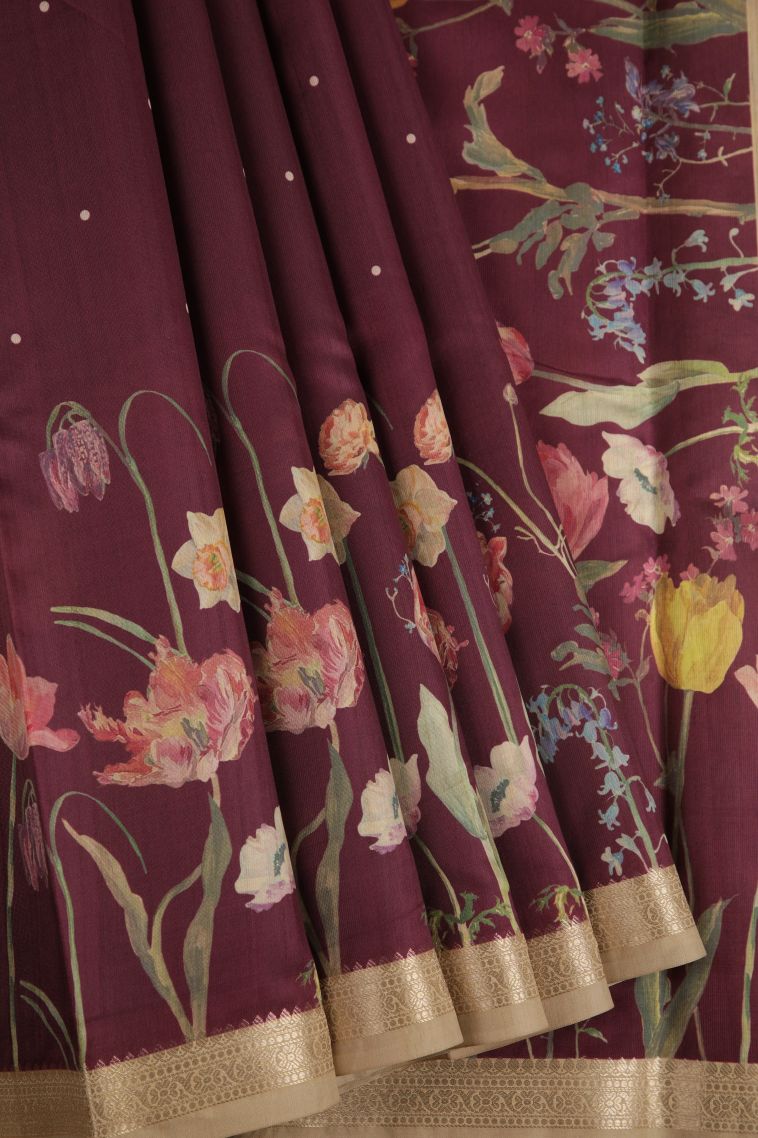 Bosenberry Purple Fancy Saree with Silver Zari Floral Patterns view 1