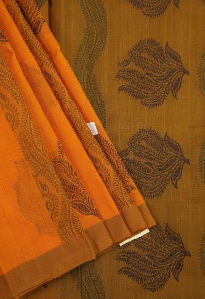 Merigold Orange Pure Handloom Kovai Cotton with Gold Zari Floral Patterns