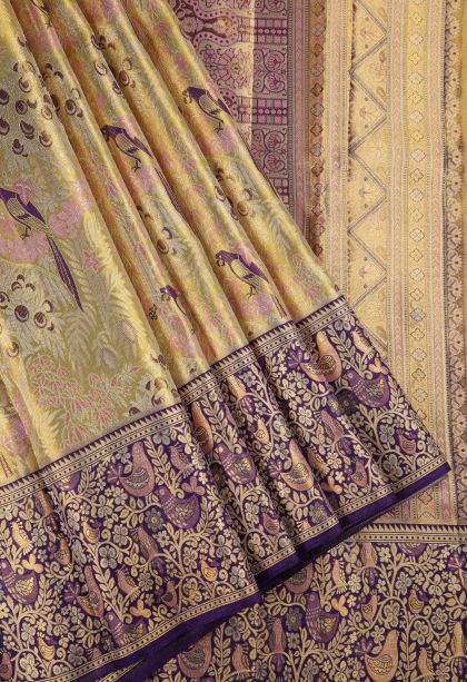 Gold Kanchipuram Silk Sarees with Gold And Silver Zari Animal And Bird Motifs