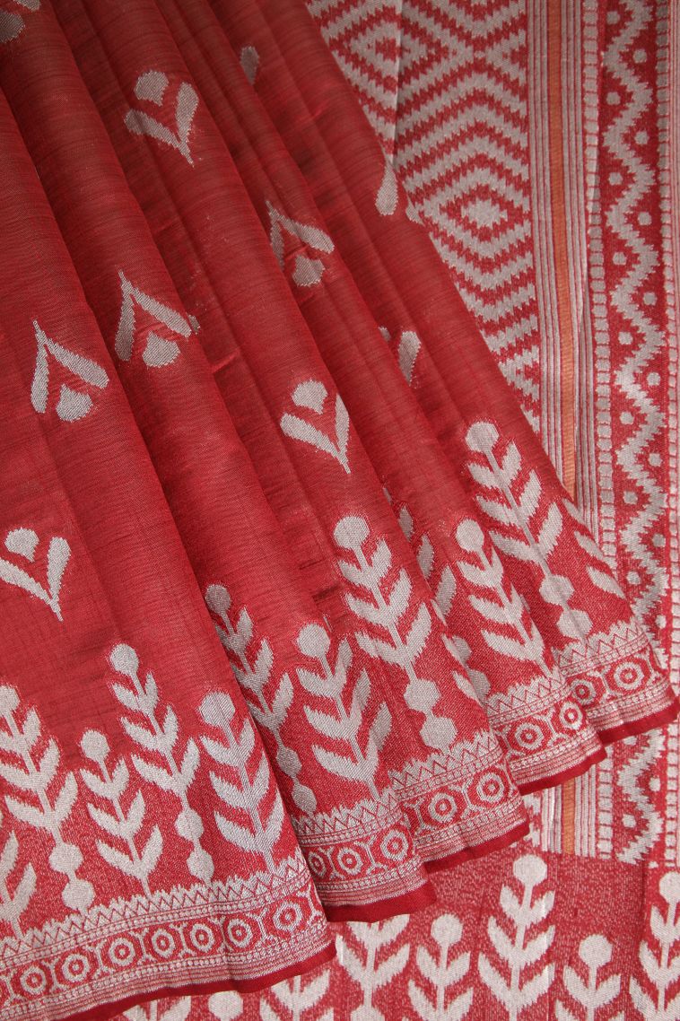 Candy Red Fancy Saree with Silver Zari Buttis (small Dots Or Motifs) view 1