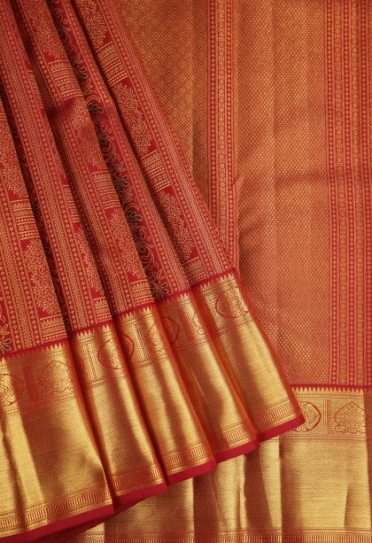 Rose  Red Kanchipuram Silk Sarees with Gold Zari Floral Patterns